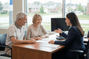 An older couple sits at a desk in a bright office, smiling as they discuss paperwork with a professional financial advisor or real estate expert, with a suburban neighborhood visible through the window