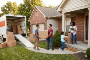 Family moving into a new home in West Indianapolis, celebrating the successful transition.