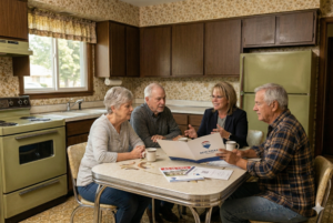 A professional female Realtor sits at a vintage 1950s kitchen table with three older siblings, discussing the process of selling an inherited family home "as-is" in a classic Midwest suburban setting.