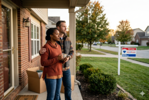 A couple on a front porch with moving boxes looks out at their suburban street, marked by a 'For Sale' sign, illustrating the anxiety of a delayed home sale.