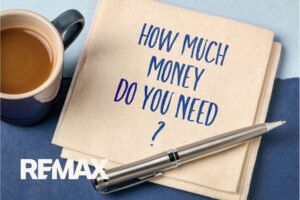 Handwritten napkin note reading "How much money do you need?" beside a cup of coffee, illustrating down payment questions for Indiana home buyers.
