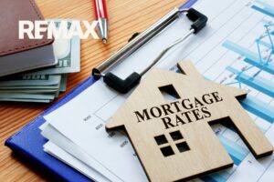 Wooden house model labeled Mortgage Rates on financial charts with cash, illustrating selling a home with a low mortgage rate in Indiana