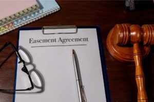 Easement agreement document on a clipboard with reading glasses, a pen, and a wooden gavel, representing selling a house with an easement in Indiana
