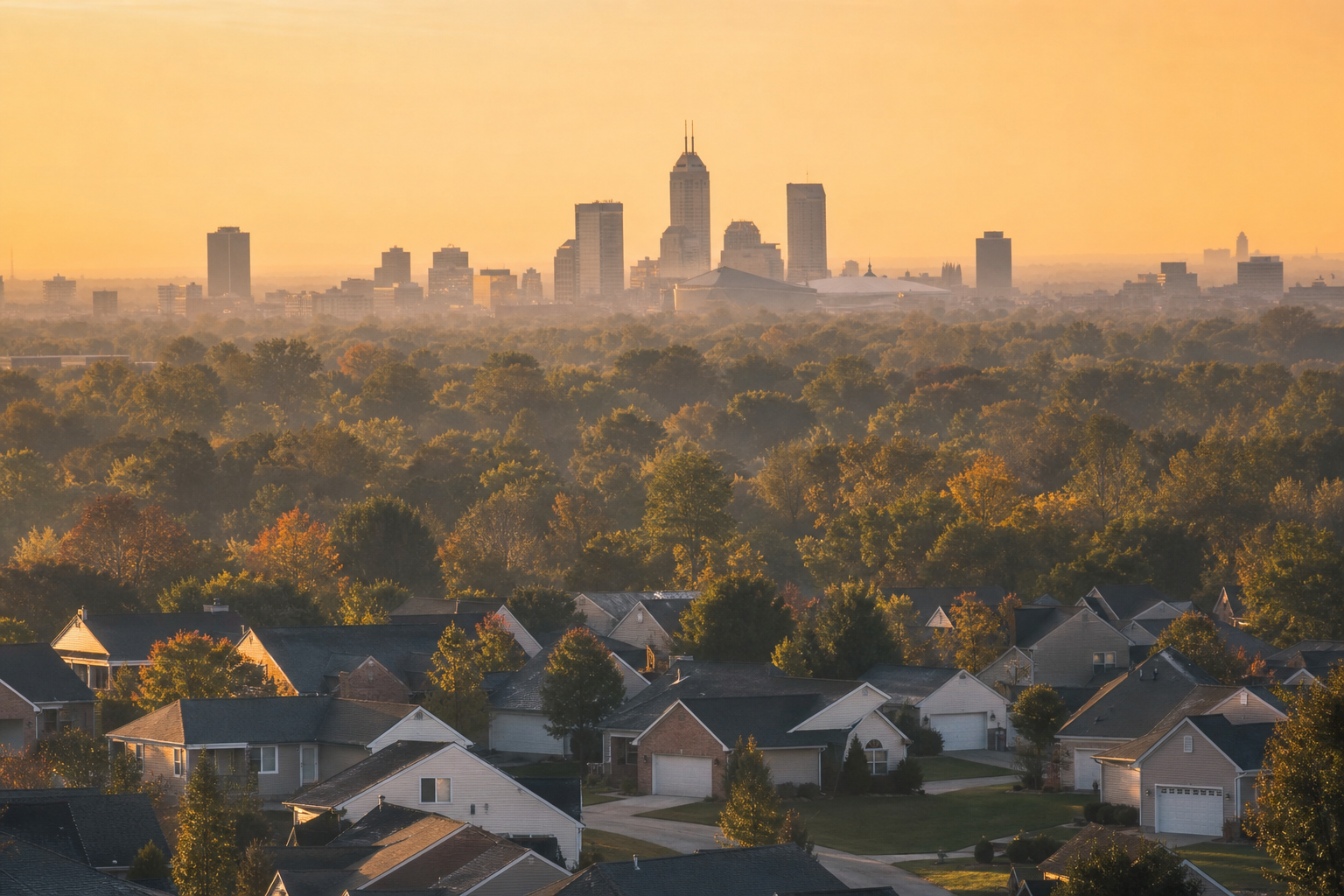 The city skyline rising beyond residential streets in Hendricks County & West Indianapolis — Listing Agent in West Indianapolis